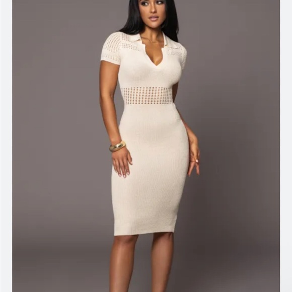 JLUXLABEL Cream Ribbed Bodycon Midi Dress V-Neck - Picture 1 of 3